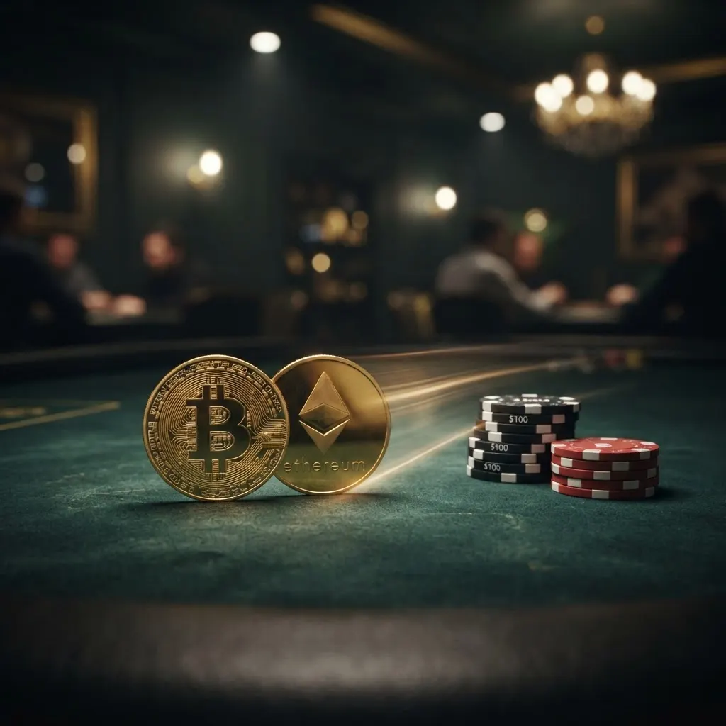 Gold Bitcoin and Ethereum coins on a green poker felt beside a stack of chips, representing fast crypto poker payouts