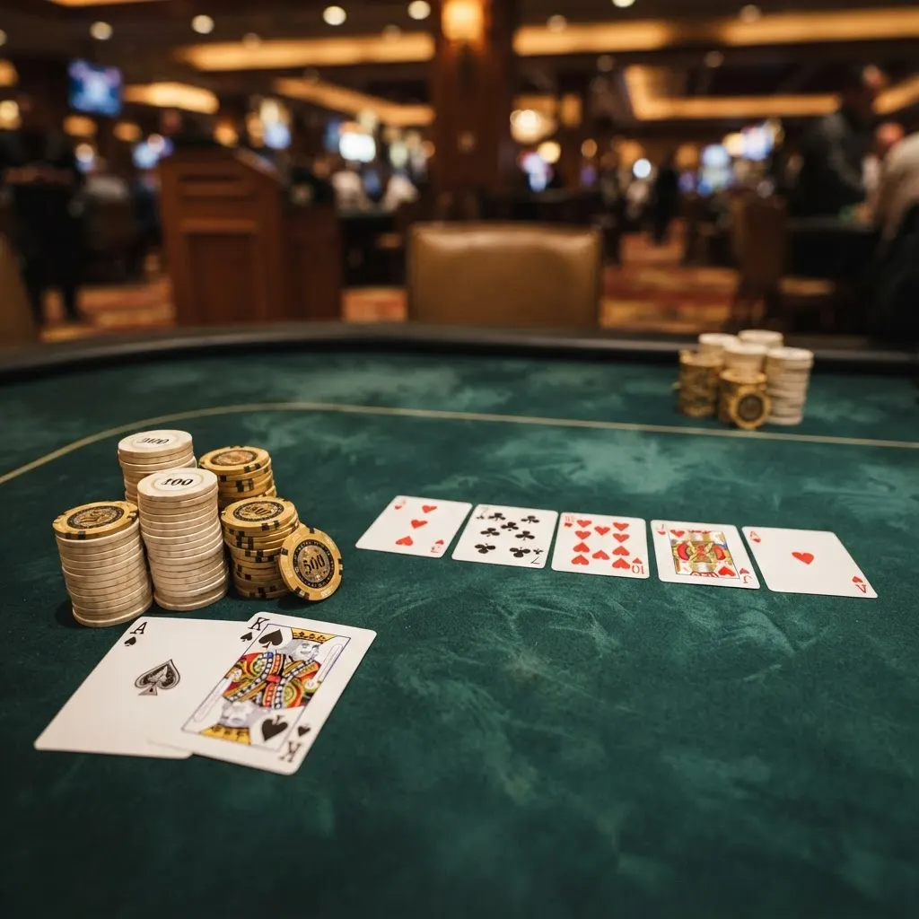 Overhead view of a Texas Hold'em hand on green felt with community cards and stacked gold poker chips